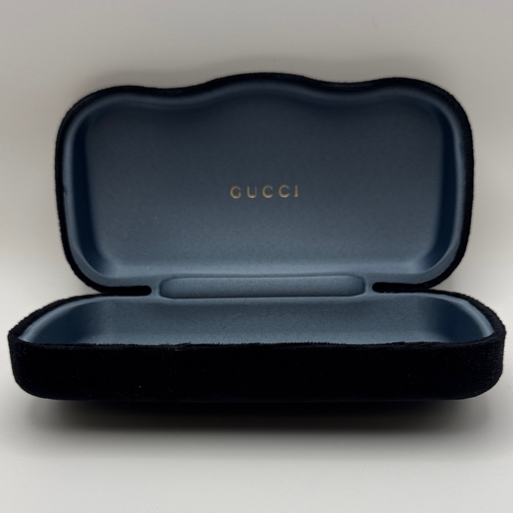 Gucci Black Velvet Eyeglasses Sunglasses Case Blue Interior Gold Logo Hard Shell